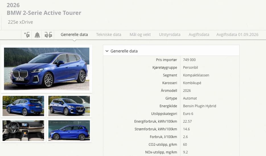 Modellkort i OFV Kjøretøydata for BMW 2-serie Active Tourer 225e xDrive, med generelle data som pris, segment, energikilde og utslipp